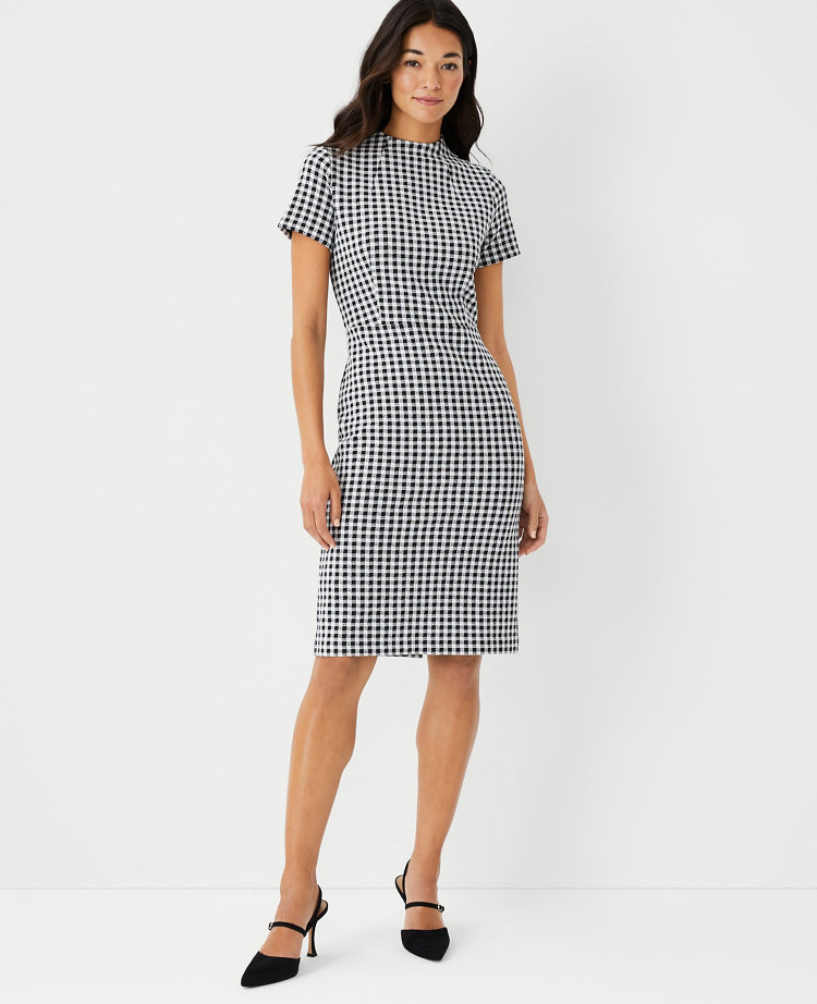 Gingham Mock Neck Sheath Dress | Ann Taylor