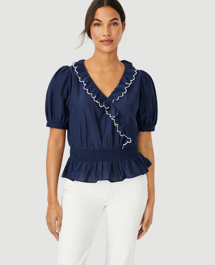 Ann Taylor Scalloped Ruffle Wrap Top In Pure Sapphire | ModeSens