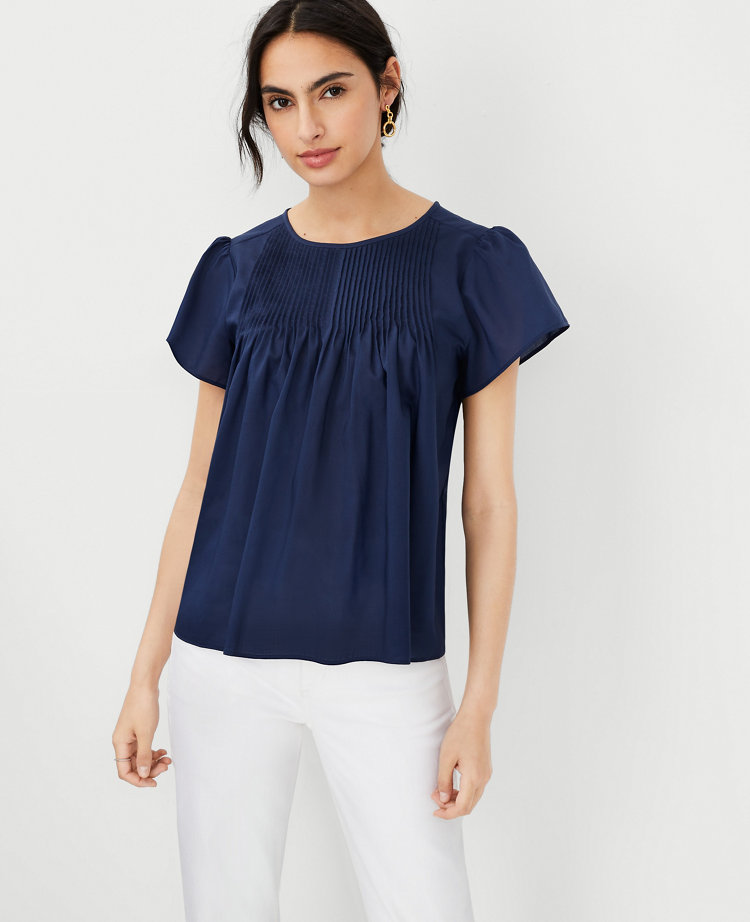 Ann Taylor Pintucked Flutter Sleeve Top In Pure Sapphire | ModeSens