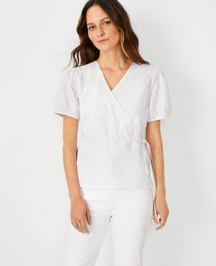 Floral Embroidered Puff Sleeve Wrap Top