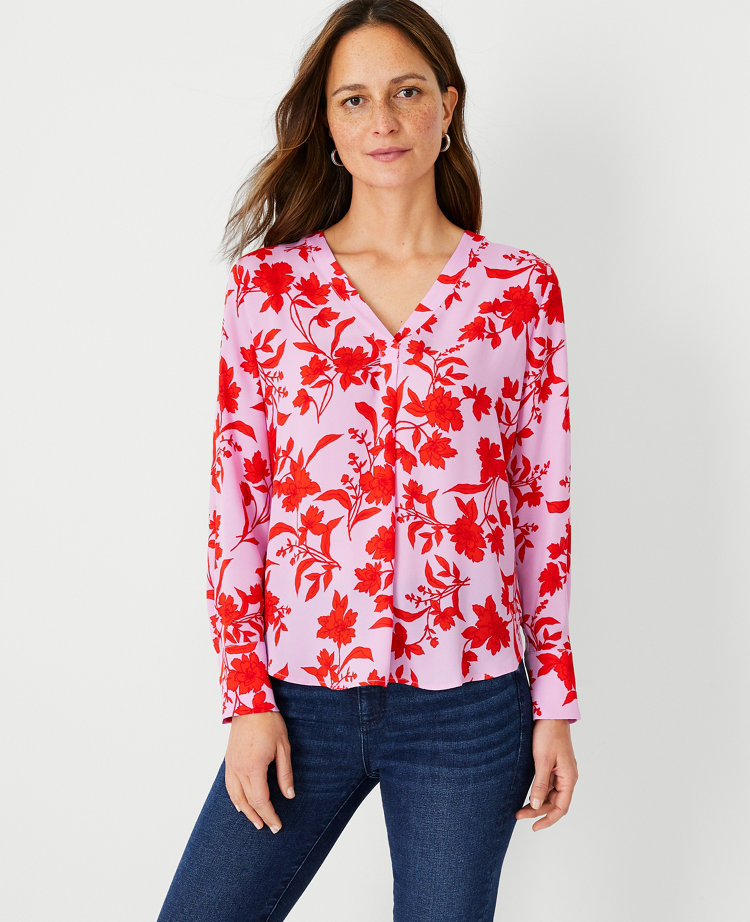 Ann Taylor, Tops, Ann Taylor Floral Mixed Media Pleat Front Top