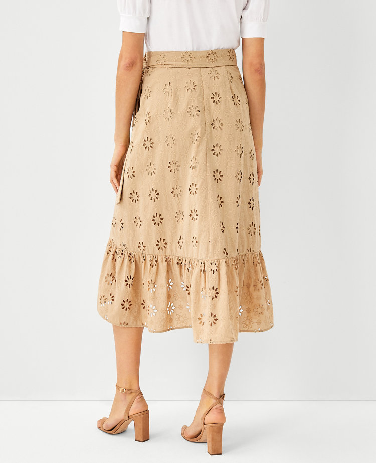 Floral Eyelet Flounce Wrap Midi Skirt