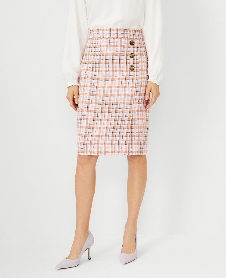 Plaid Side Button Pencil Skirt