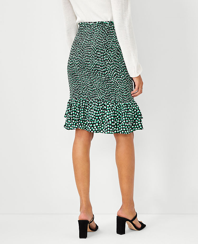 Petite Spotted Smocked Flounce Pencil Skirt