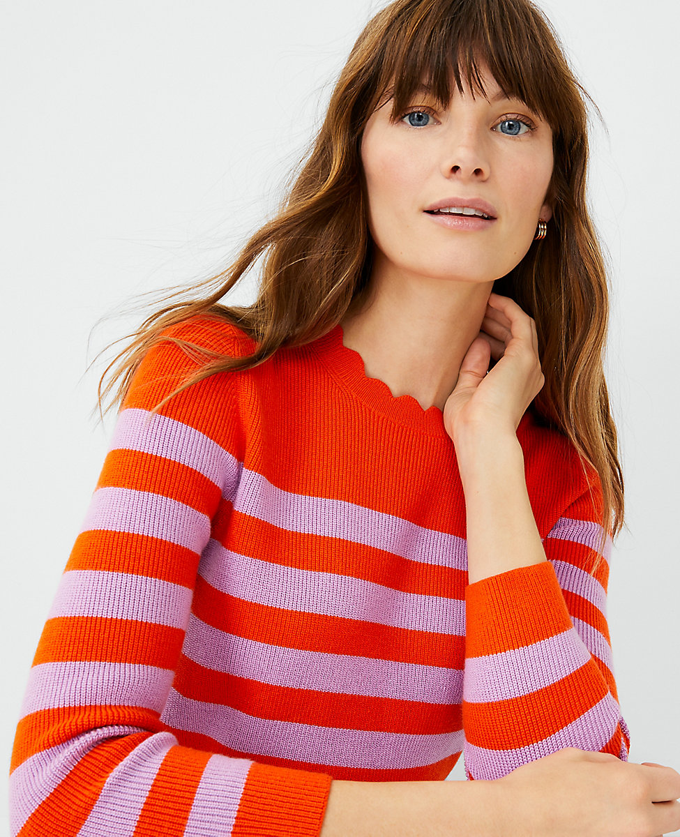 Petite Striped Scalloped Sweater