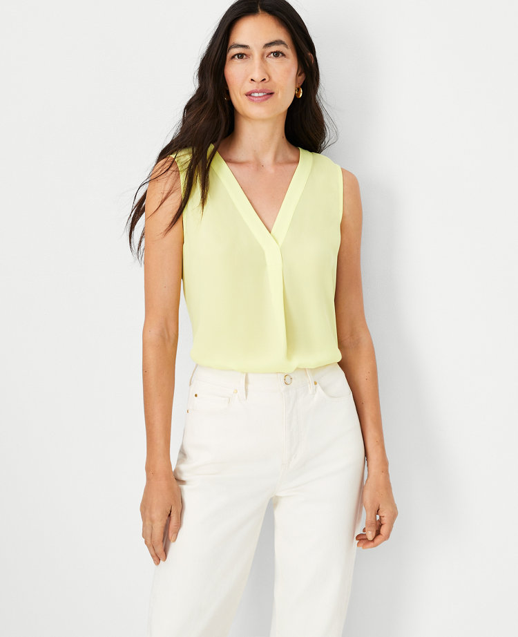 Ann Taylor Petite Mixed Media Pleat Front Top In Pale Citrine