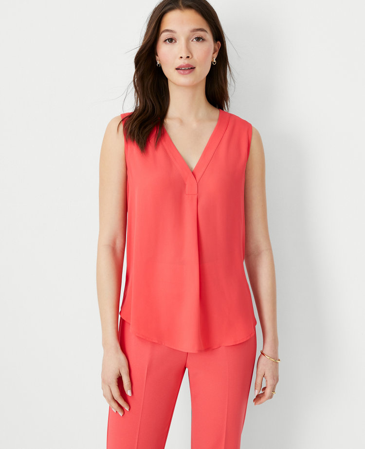 Ann Taylor Petite Mixed Media Pleat Front Top In Deep Coral