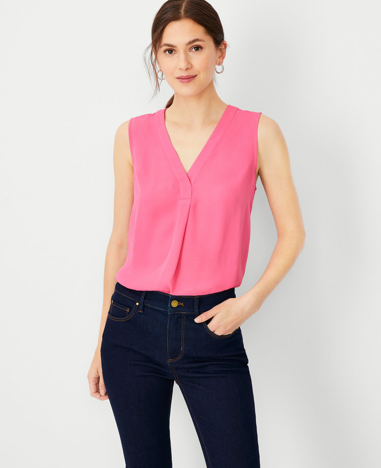 Ann Taylor Petite Mixed Media Pleat Front Top In Pink Charm