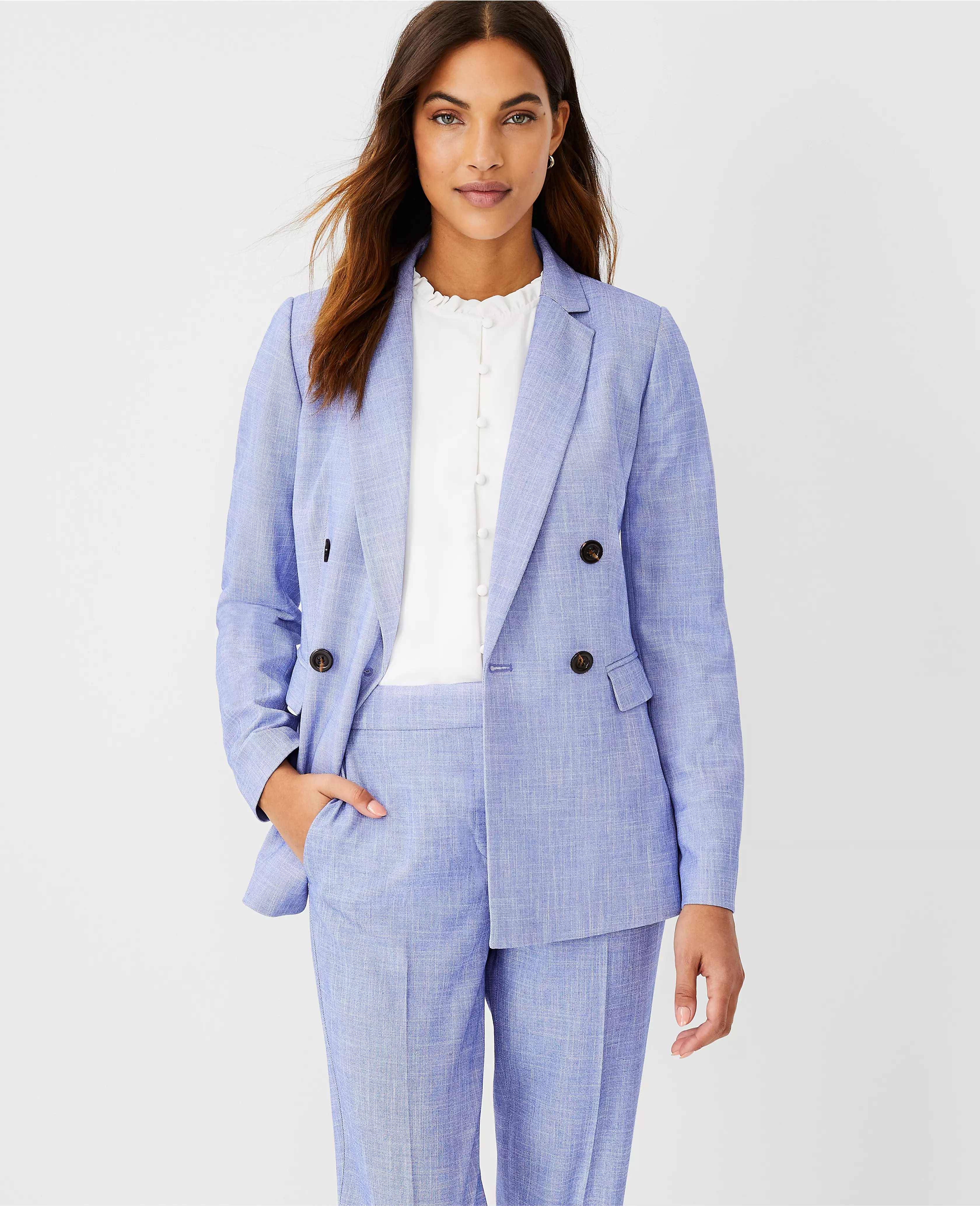 The Petite Relaxed Double Breasted Long Blazer in Cross Weave