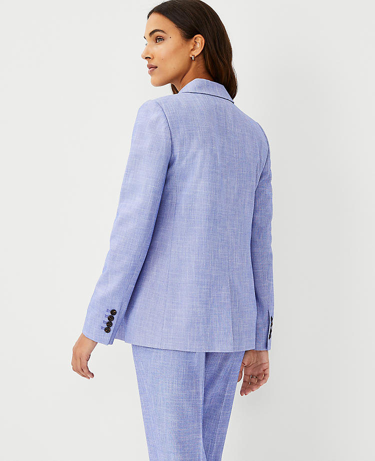 The Petite Relaxed Double Breasted Long Blazer in Cross Weave