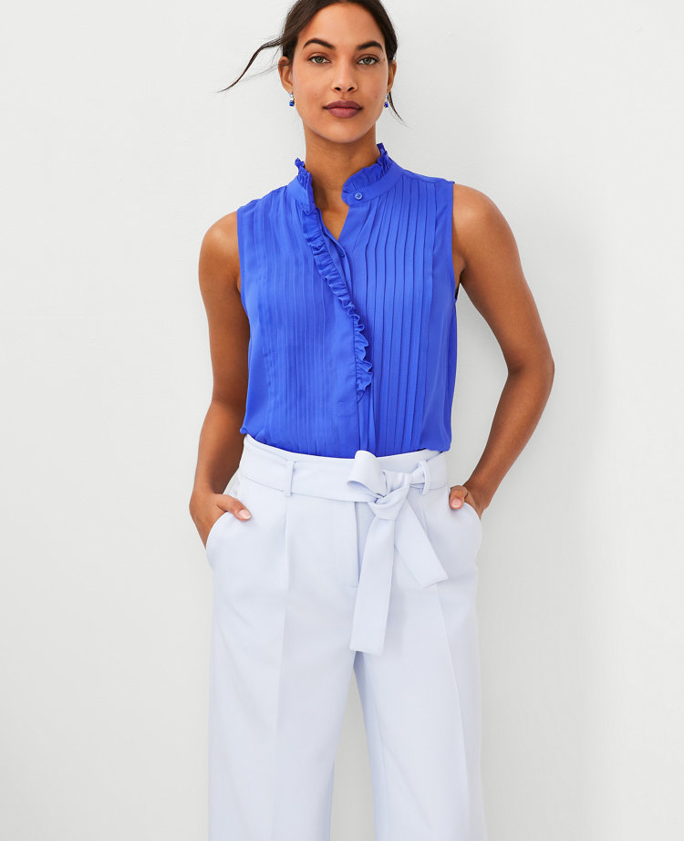 Ann Taylor Petite Ruffle Pintucked Popover Shell Top In Dazzling Blue