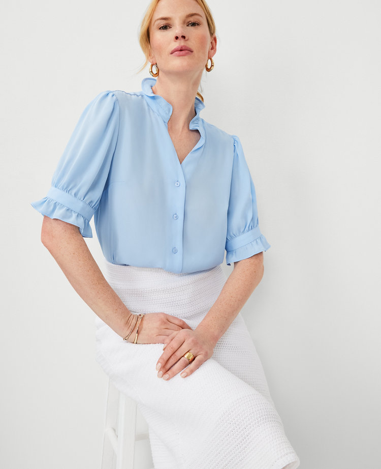 Ann Taylor Petite Ruffle Button Top In Pastel Blue