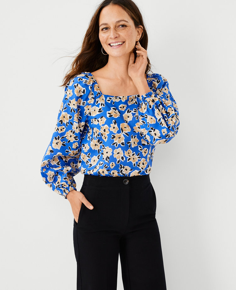 売れ筋商品|||ルビーロード カットソー トップス レディース Petite Floral Embroidered Square Neck Top Medium blue Petite Floral Square Neck Puff Sleeve Top