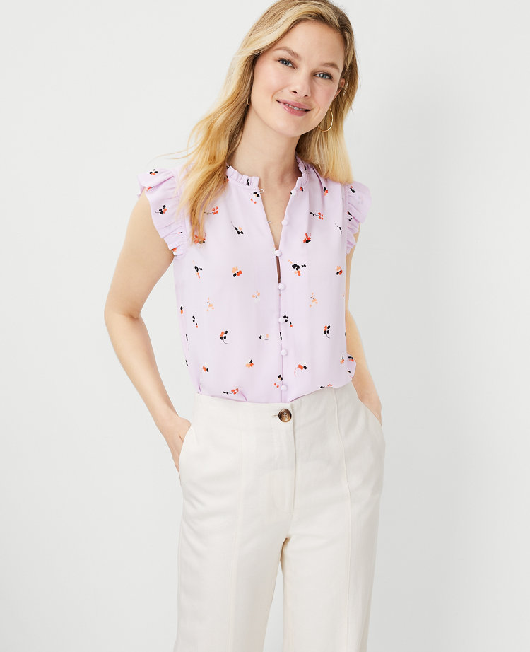 Floral Mixed Media Ruffle Button Shell