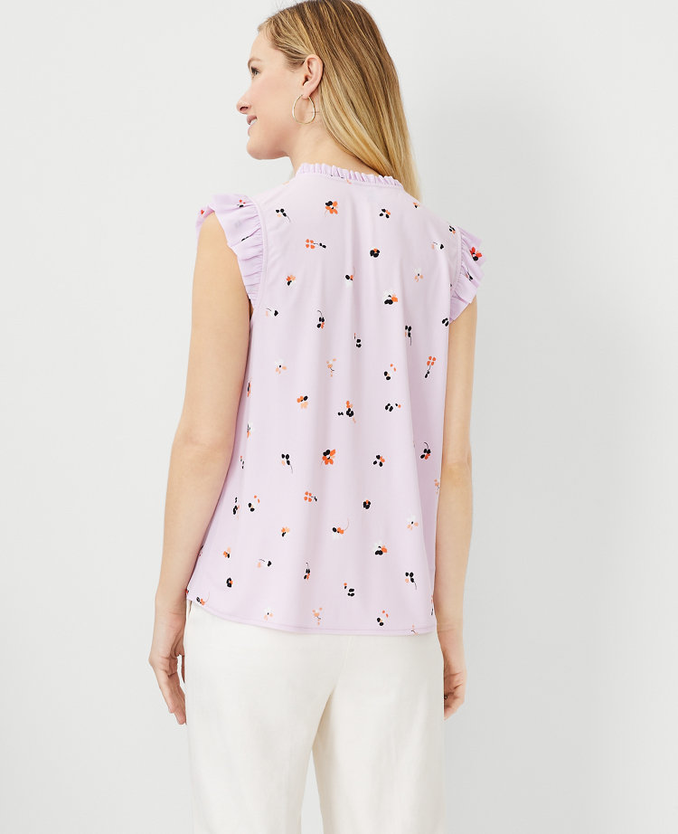 Floral Mixed Media Ruffle Button Shell