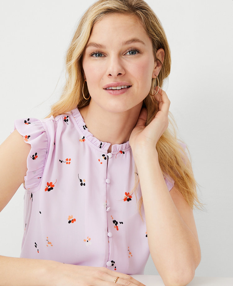 Floral Mixed Media Ruffle Button Shell