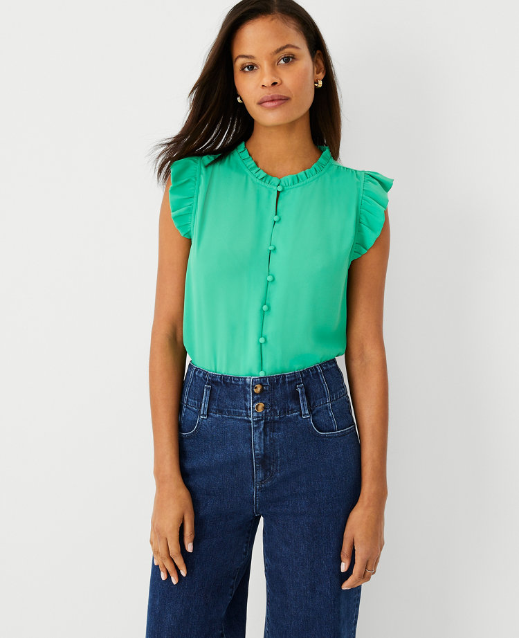 Petite Mixed Media Ruffle Button Shell