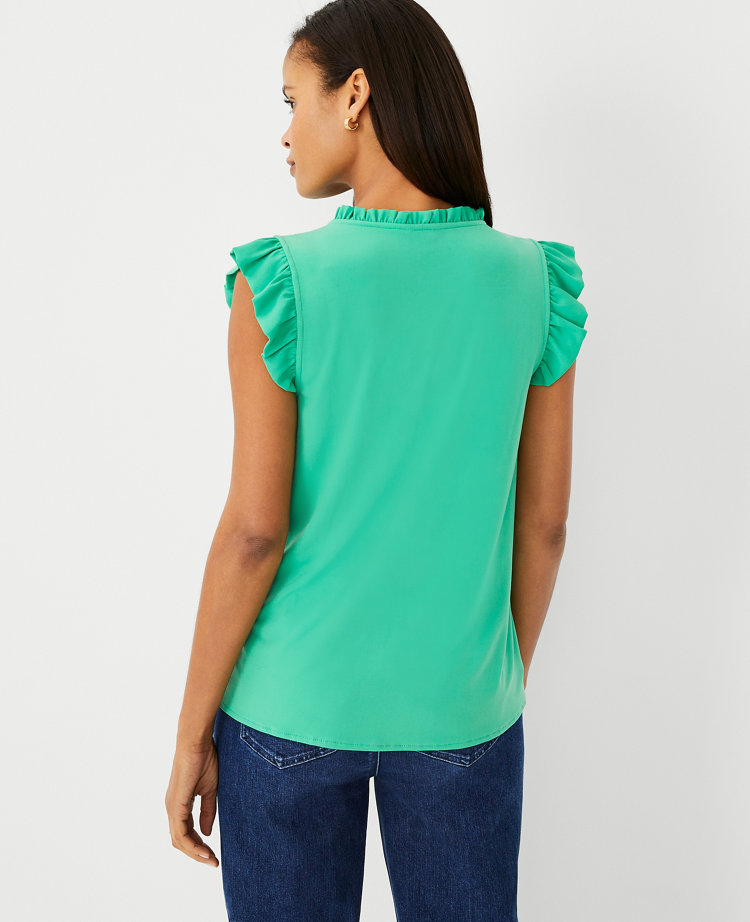 Petite Mixed Media Ruffle Button Shell