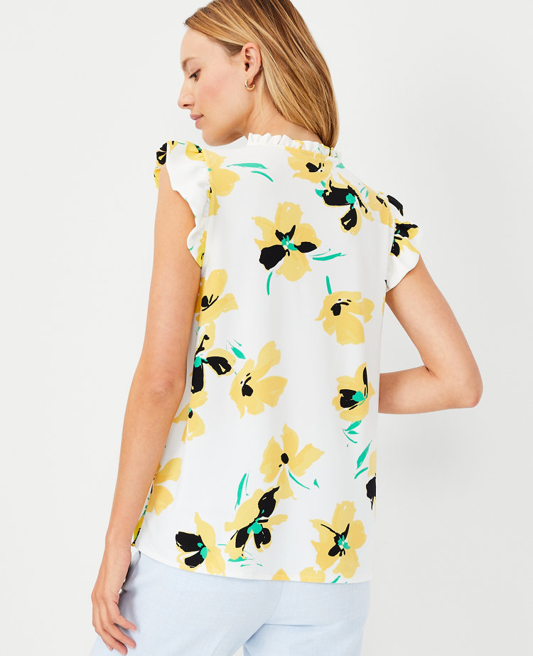 Petite Floral Mixed Media Ruffle Button Shell