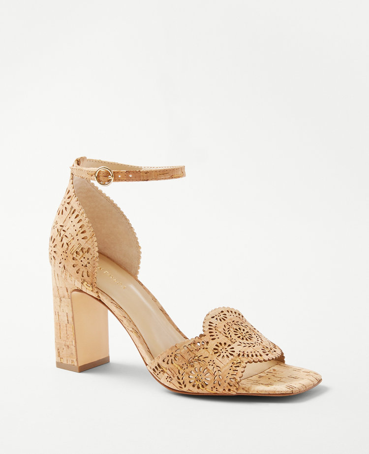 Eyelet Perforated Cork High Block Heel Sandals