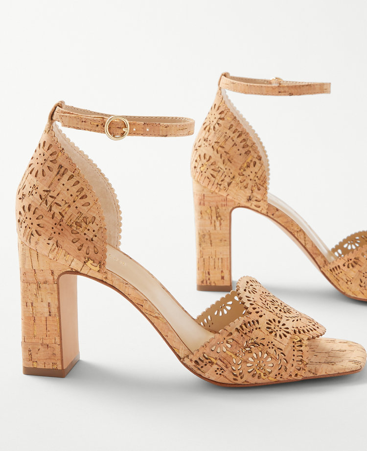 Eyelet Perforated Cork High Block Heel Sandals