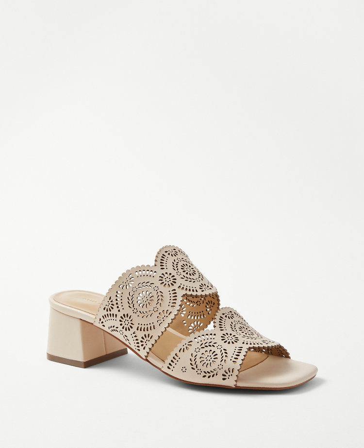 Ann Taylor Eyelet Perforated Leather Two Strap Sandals In Pearl Shadow