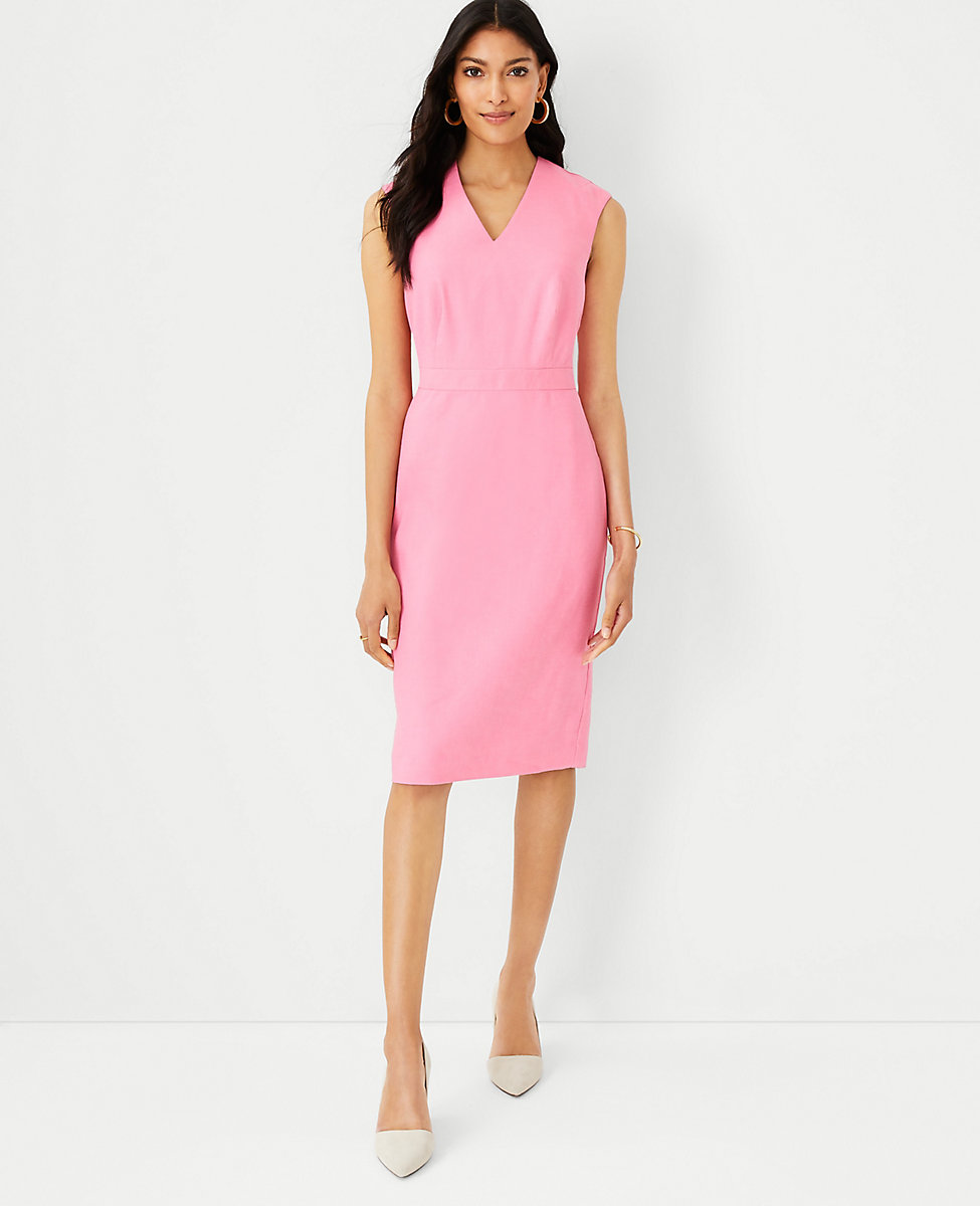 The Double V-Neck Sheath Dress in Linen Blend Twill