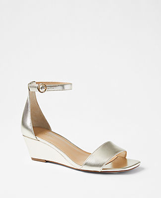 Ann Taylor Metallic Leather Low Wedge Sandals In Metallic Champagne