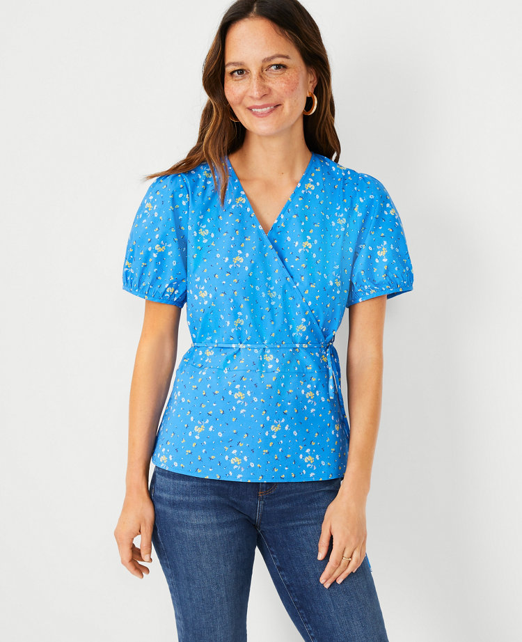 Floral Belted Puff Sleeve Wrap Top