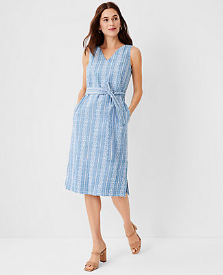 Ann Taylor Embroidered Chambray V-neck Midi Dress In Blue Mist Chambray