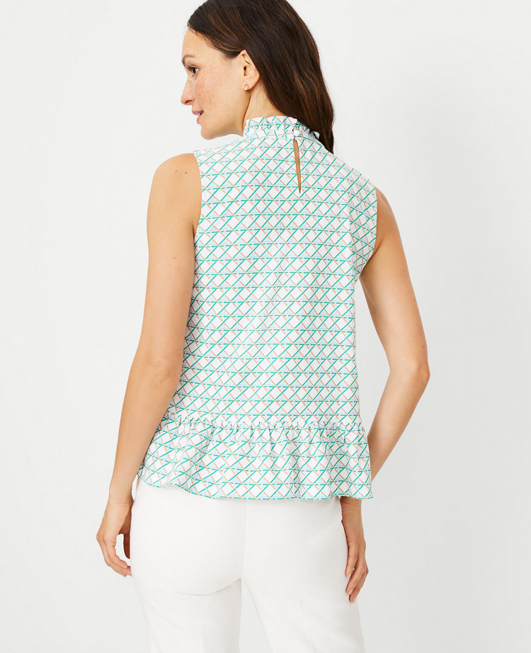 Rattan Print Ruffle Neck Crepe Shell