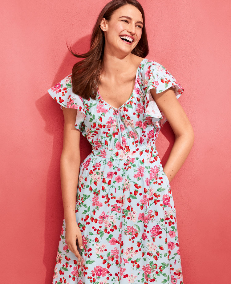 Petite Floral Flutter Sleeve Flare Dress