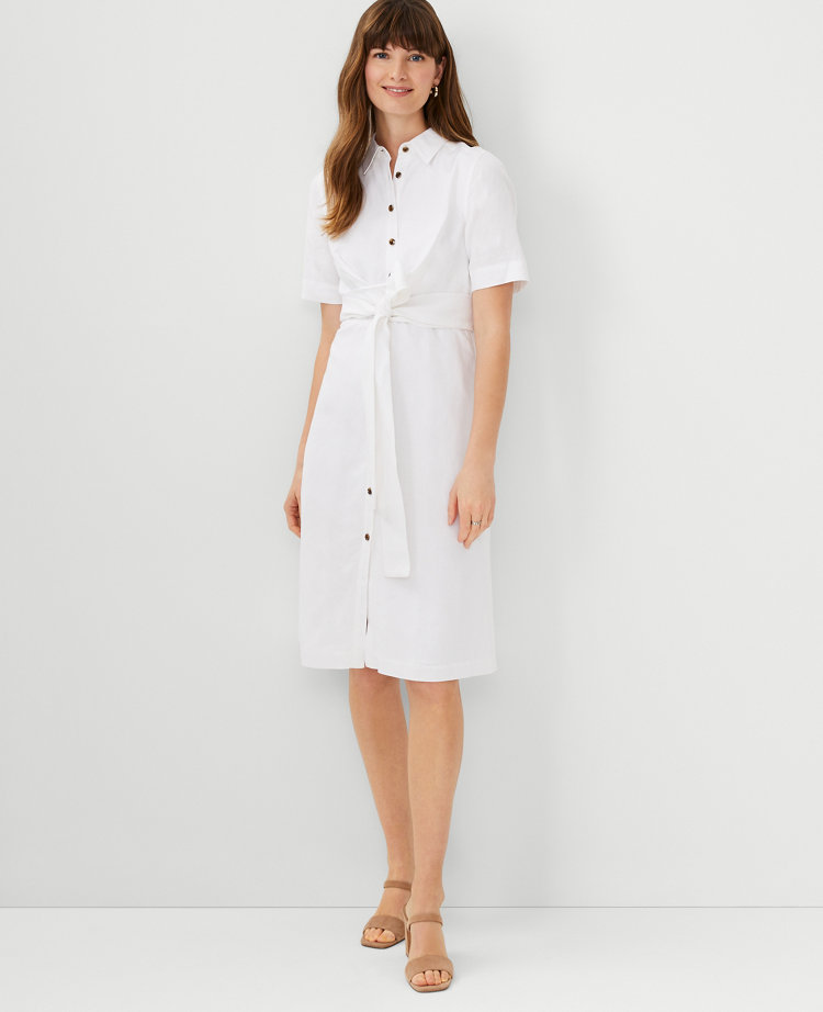 Petite Tie Waist Linen Blend Shirtdress