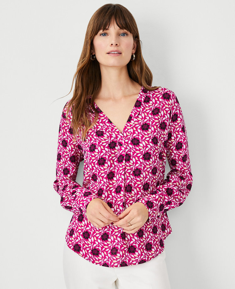 Ann Taylor Floral Mixed Media Pleat Front Top (Magenta Sunset in Medium)  only $15.00