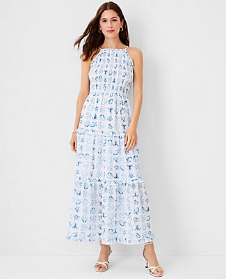 Ann Taylor Petite Shell Tile Tiered Maxi Dress In White
