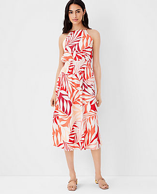 Ann Taylor Tall Tropical Square Neck Midi Flare Dress In Tropical Coral