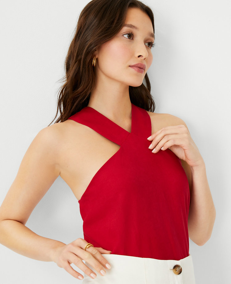 Linen Blend Cross Front Halter Top