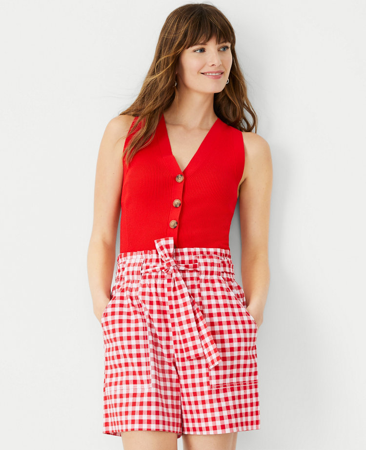 The Petite Gingham Tie Waist Short in Linen Blend carousel Product Image 1