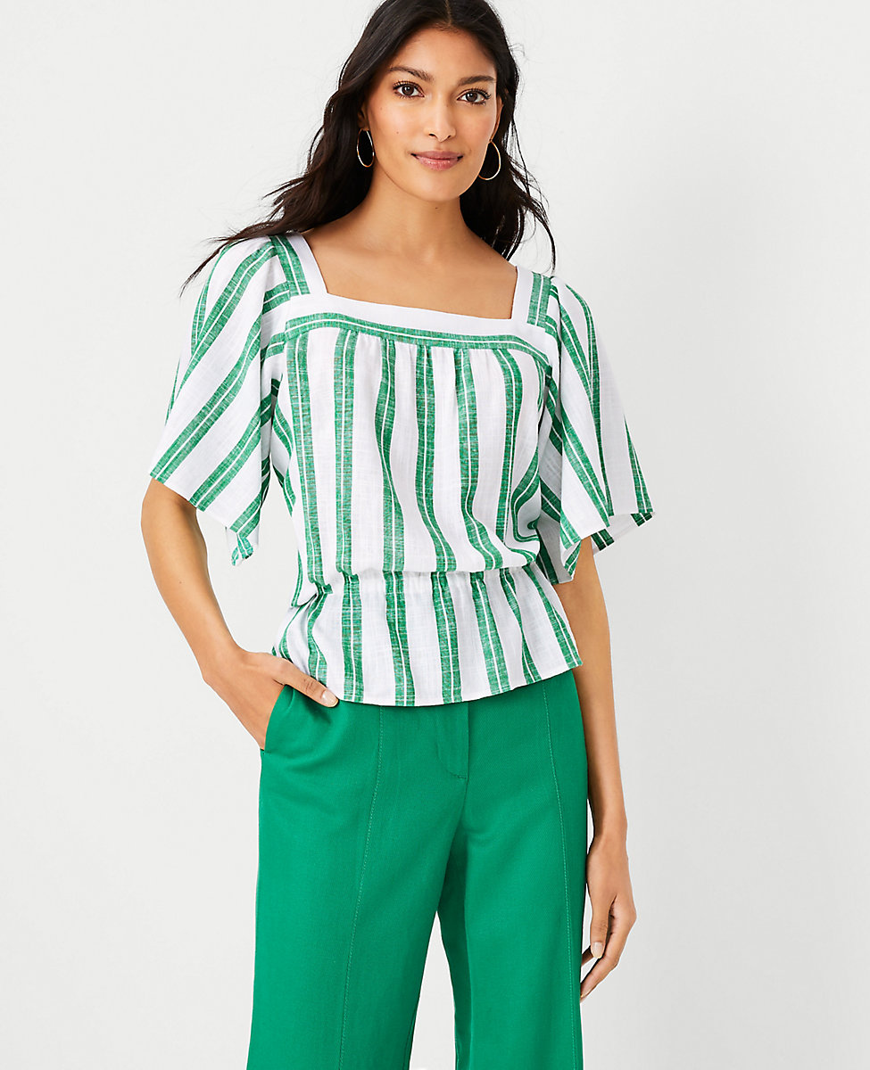 Petite Striped Square Neck Cinched Waist Top 