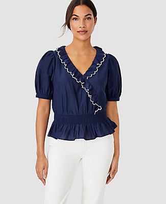 Ann Taylor Petite Scalloped Ruffle Wrap Top In Pure Sapphire