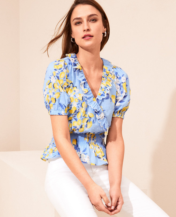 Petite Lemon Clip Scalloped Ruffle Wrap Top