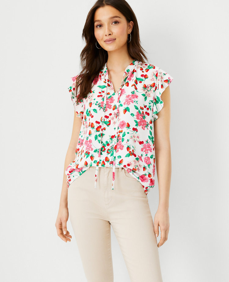 Petite Floral Ruffle Tie Neck Blouse