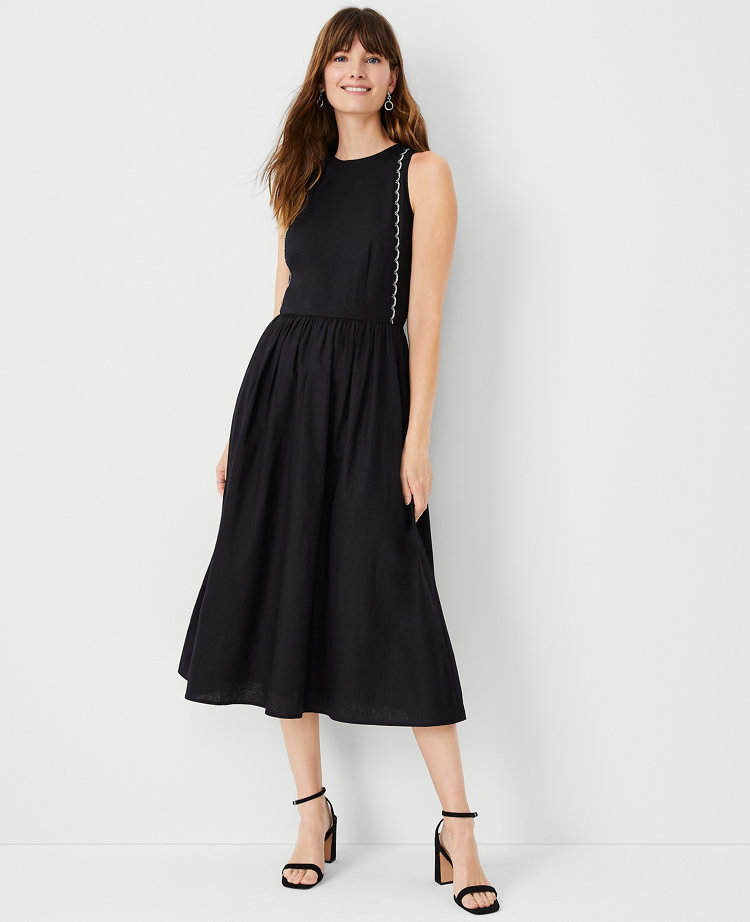 Linen Blend Shirred Waist Midi Dress - Preview