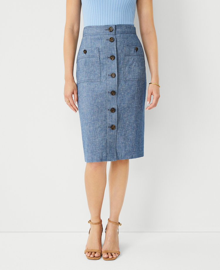 Petite Chambray Linen Cotton Button Pencil Skirt