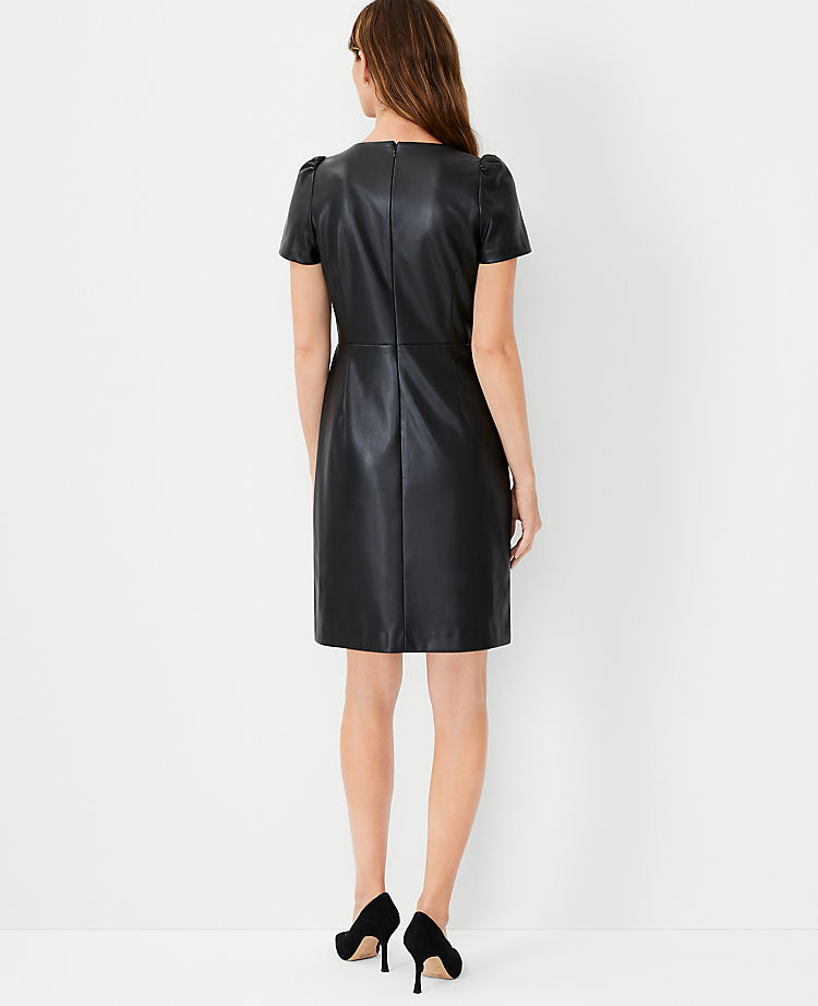 Faux Leather Puff Sleeve Flare Dress