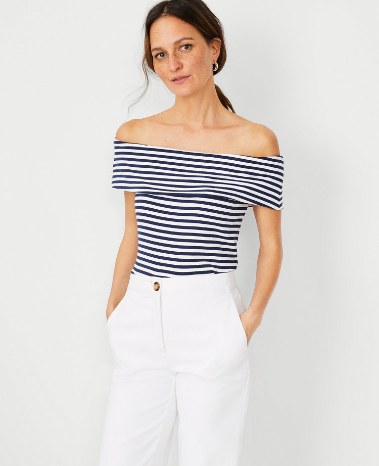 Blue and white striped best sale off the shoulder top