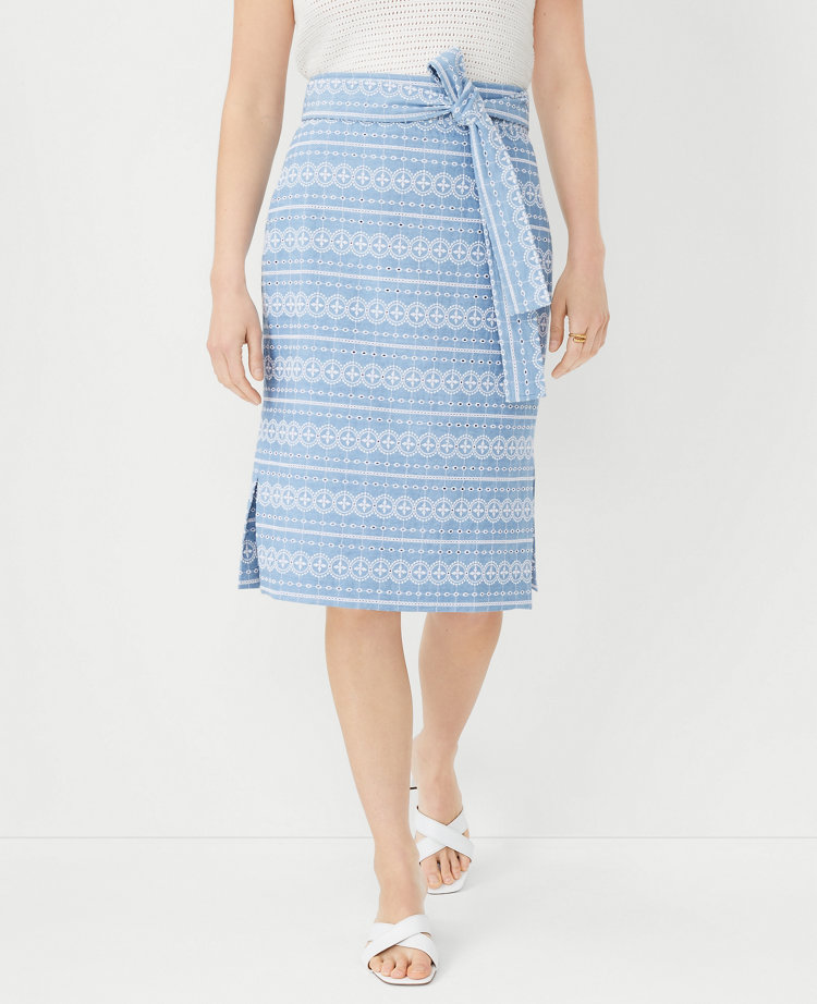 Petite Embroidered Chambray Tie Waist Pencil Skirt