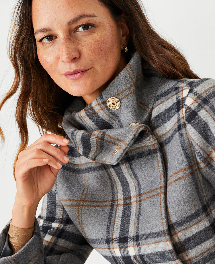 Plaid Wool Blend Belted Funnel Neck Coat