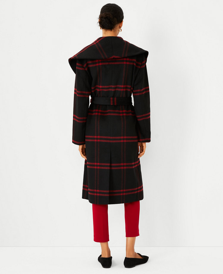 Plaid Wool Blend Shawl Collar Wrap Coat