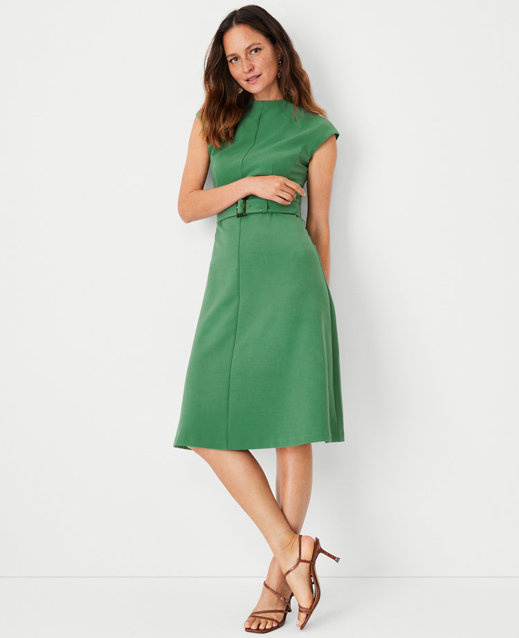 Mock Neck Belted Flare Dress